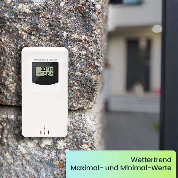 Funk-Wetterstation mit Farbdisplay, DCF-Uhr, Sensor, Thermometer, Barometer, Hygrometer, Mondphase. Präzise Wetterdaten & Wecker für Zuhause