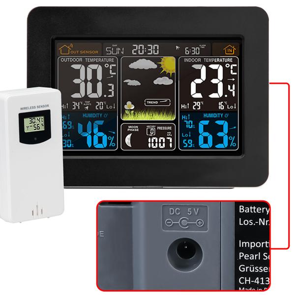 Funk-Wetterstation mit Farbdisplay, DCF-Uhr, Sensor, Thermometer, Barometer, Hygrometer, Mondphase. Präzise Wetterdaten & Wecker für Zuhause