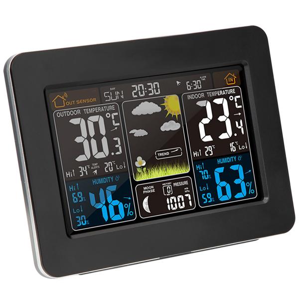 Funk-Wetterstation mit Farbdisplay, DCF-Uhr, Sensor, Thermometer, Barometer, Hygrometer, Mondphase. Präzise Wetterdaten & Wecker für Zuhause