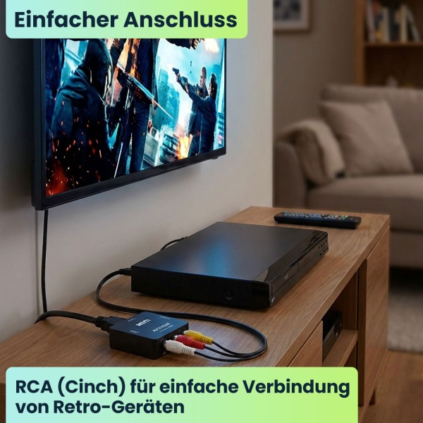 AV zu HDMI Adapter 1080p Full HD – RCA auf HDMI Konverter, inkl. USB-Stromkabel – Verbindet Retro-Geräte & Konsolen mit modernen TVs