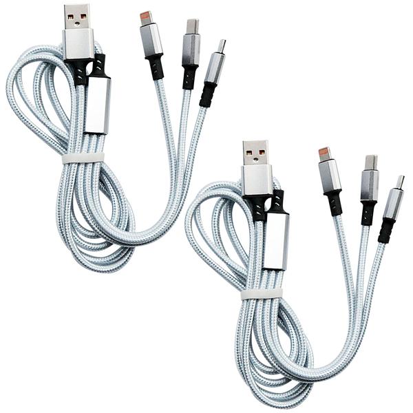 2er-Set 3in1 Universal USB-Schnellladekabel, 25 W, Micro-USB, USB Typ C & Lightning, 120 cm, für iPhones, Samsung, Pixel, Huawei, Powerbanks, Kameras