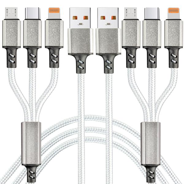 2er-Set 3in1 Universal USB-Schnellladekabel, 25 W, Micro-USB, USB Typ C & Lightning, 120 cm, für iPhones, Samsung, Pixel, Huawei, Powerbanks, Kameras