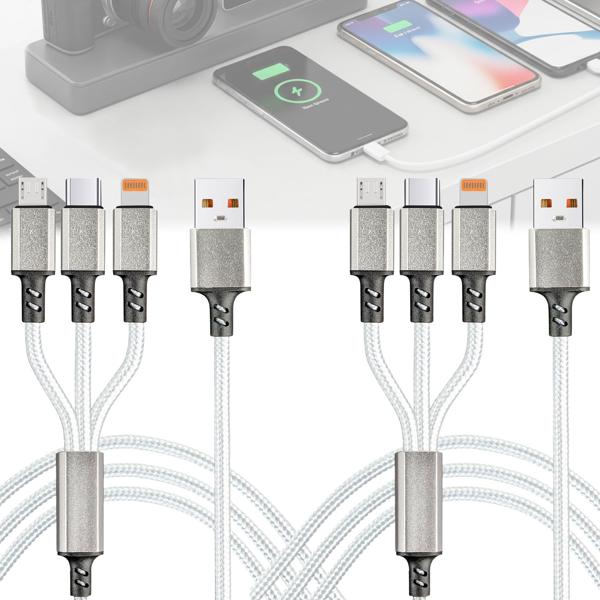 2er-Set 3in1 Universal USB-Schnellladekabel, 25 W, Micro-USB, USB Typ C & Lightning, 120 cm, für iPhones, Samsung, Pixel, Huawei, Powerbanks, Kameras