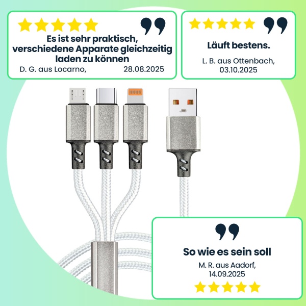 2er-Set 3in1 Universal USB-Schnellladekabel, 25 W, Micro-USB, USB Typ C & Lightning, 120 cm, für iPhones, Samsung, Pixel, Huawei, Powerbanks, Kameras