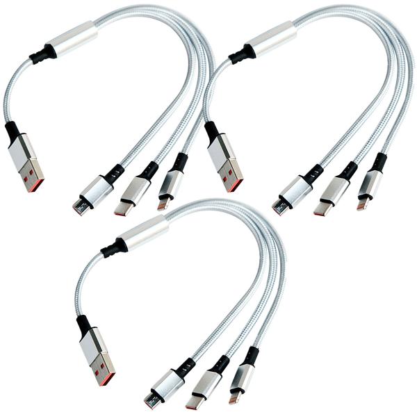 3er Set 3in1 Universal USB-Schnellladekabel, 25 W, Micro-USB, USB Typ C & Lightning, 30 cm, für iPhones, Samsung, Pixel, Huawei, Powerbanks, Kameras