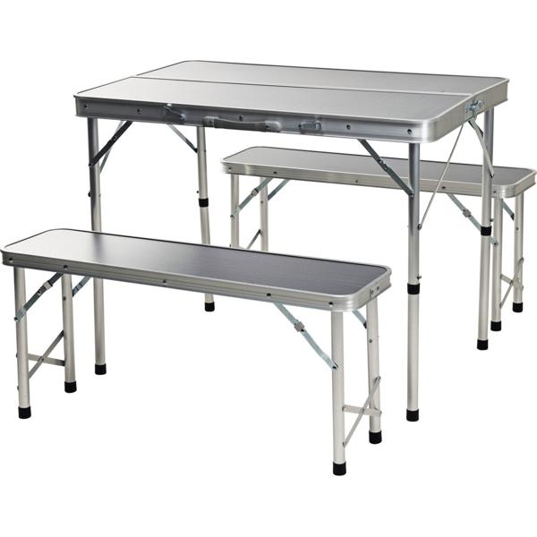Stabiler Campingtisch mit 2 Bänken – für 4 Personen, wetterfestes Alu-MDF, einfach klappbar & transportabel als Koffer 