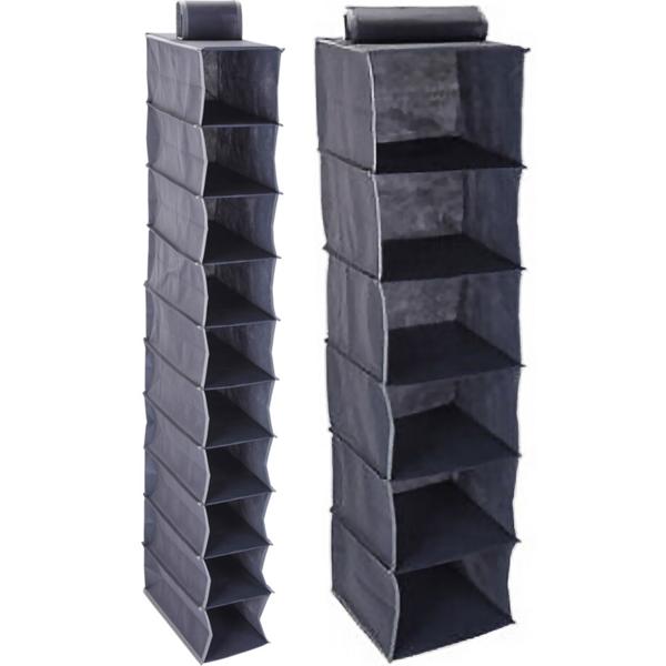 Praktisches Schrank-Hängeregal-Set, 1x 6 Fächer (30x30x120cm), 1x 10 Fächer (30 x 15 x 120 cm) – Dunkelgrau – Maximale Ordnung im Schrank