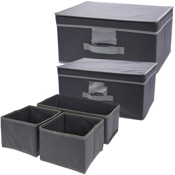 Aufbewahrungs-Set 3tlg. schwarz - faltbare Boxen mit Deckel & Beschriftungsfenster - Schubladen Organizer (2x 14x14x11cm, 1x 28x14x11cm)