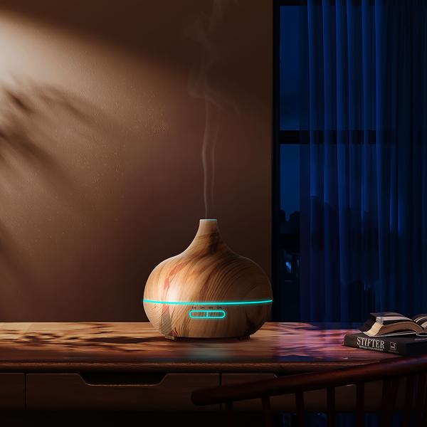 Aroma-Diffuser in eleganter Holzoptik für ätherische Öle, LED-Beleuchtung in 7 Farben & Timer, 300 ml, formschöne Raumbefeuchtung für Ihr Zuhause