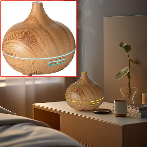Aroma-Diffuser in eleganter Holzoptik für ätherische Öle, LED-Beleuchtung in 7 Farben & Timer, 300 ml, formschöne Raumbefeuchtung für Ihr Zuhause