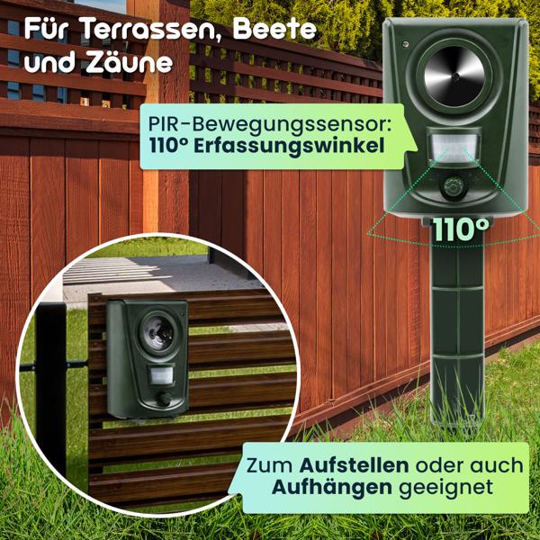 Effektiver Ultraschall Tiervertreiber, Tierabwehr m. PIR-Bewegungsmelder, bis 60 m², vertreibt Hunde, Katzen, Kleintiere, Vögel, Marder
