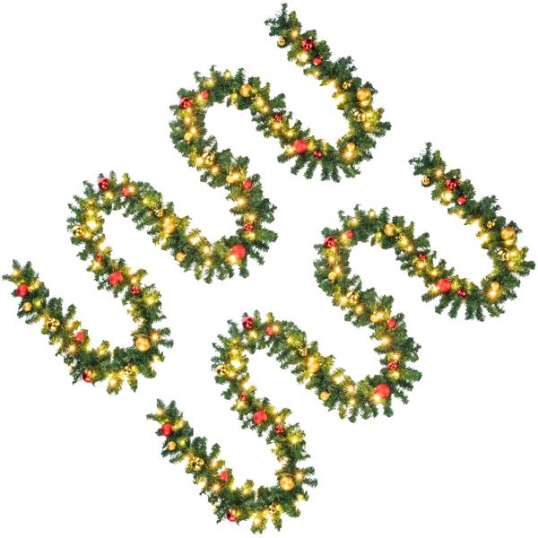 2er-Set Künstliche Tannengirlande mit LED Lichterkette und Kugeln, 500 cm