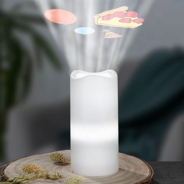 2er-Set Projektor Kerze - bunte Lichtshows an Wände/Decken - 3 Schablonen, 4 Motive, Timer & kabellos Batteriebetrieb, 7x15cm, weiss - LED-Projektor