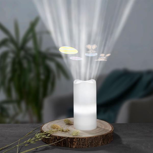 2er-Set Projektor Kerze - bunte Lichtshows an Wände/Decken - 3 Schablonen, 4 Motive, Timer & kabellos Batteriebetrieb, 7x15cm, weiss - LED-Projektor