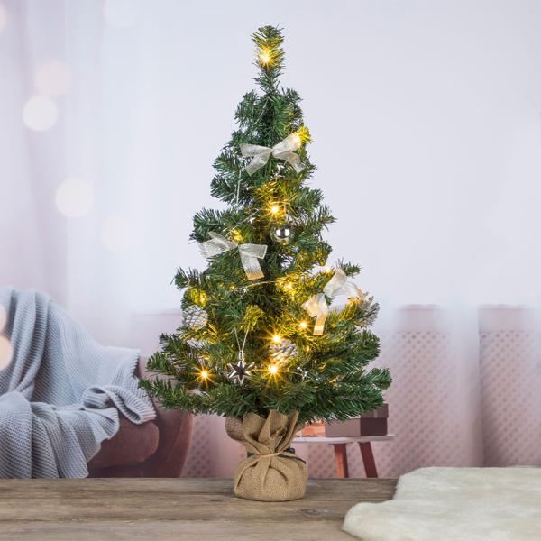 Künstlicher Weihnachtsbaum 75cm - LED Beleuchtung, geschmückt mit 20 warm-weissen LEDs, Timerfunktion (6h/18h) - Wiederverwendbar, PVC/Jute