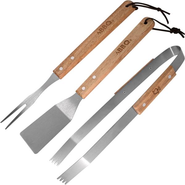 3-tlg. Edelstahl-Grillbesteck: Gabel, Zange und Wender mit extralangen Gummiholz-Griffen, robust, hitzebeständig & ideal für jeden Grillmeister
