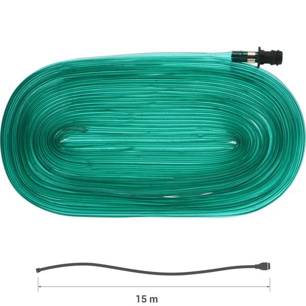 Feiner Sprühschlauch, 15 m, Schlauchregner und Bewässerungsschlauch mit Löchern für die Gartenbewässerung, anschlussfertig, grün