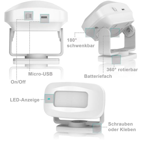 Kabellose Funk Türklingel & Durchgangsmelder mit PIR-Sensor, IP44, 36 Klingeltöne, weiss: für mehr Sicherheit & Komfort