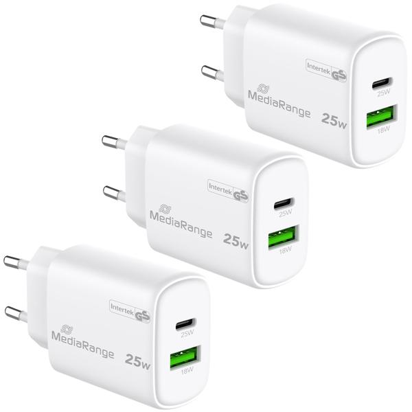 3er-Set Dual Schnellladeadapter, GaN, 1x USB-C und USB-A, 25 Watt, weiss, USB Ladegerät Quick Charge für iPhone, Samsung, Huawei, Pixel, Airpods