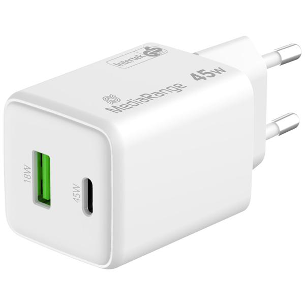 2er-Set Dual USB Ladegerät, GaN, 1 x USB-C und 1 x USB-A, QC 45 Watt, weiss, für iPhone 16, 15, 14, 13, 12, 11, X, iPad, Samsung Galaxy, Huawei, Pixel