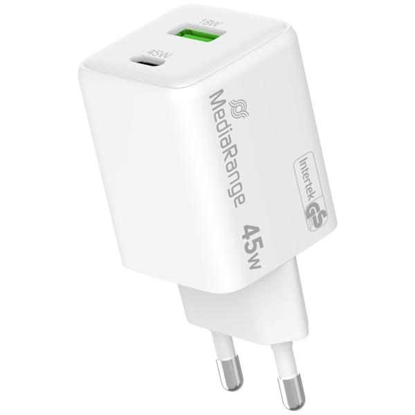 2er-Set Dual USB Ladegerät, GaN, 1 x USB-C und 1 x USB-A, QC 45 Watt, weiss, für iPhone 16, 15, 14, 13, 12, 11, X, iPad, Samsung Galaxy, Huawei, Pixel