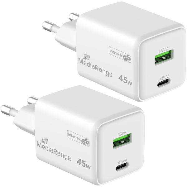 2er-Set Dual USB Ladegerät, GaN, 1 x USB-C und 1 x USB-A, QC 45 Watt, weiss, für iPhone 16, 15, 14, 13, 12, 11, X, iPad, Samsung Galaxy, Huawei, Pixel