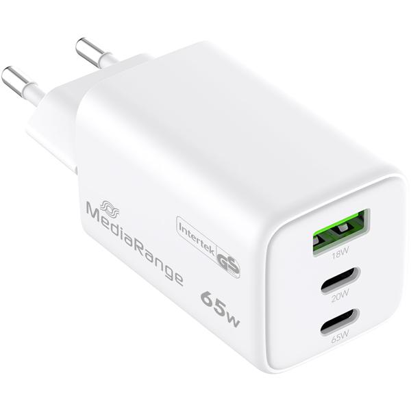 2er-Set Schnellladeadapter GaN 65W – Schnelles Laden für 3 Geräte mit 2x USB-C PD & 1x USB-A QC 3.0 – Kompakt & sicher für Zuhause, Büro, Reise, weiss