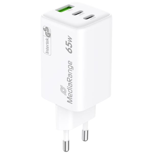 2er-Set Schnellladeadapter GaN 65W – Schnelles Laden für 3 Geräte mit 2x USB-C PD & 1x USB-A QC 3.0 – Kompakt & sicher für Zuhause, Büro, Reise, weiss