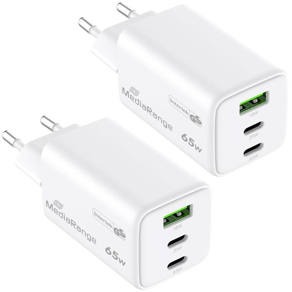 2er-Set Schnellladeadapter GaN 65W – Schnelles Laden für 3 Geräte mit 2x USB-C PD & 1x USB-A QC 3.0 – Kompakt & sicher für Zuhause, Büro, Reise, weiss