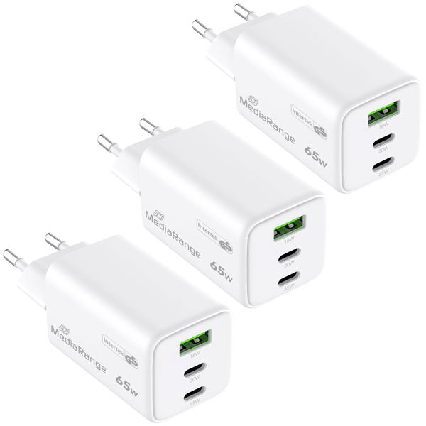 3er-Set GaN Schnellladeadapter - 65W max. Leistung für 3 Geräte gleichzeitig - 2x USB-C (PD 3.0 PPS) & 1x USB-A (QC 3.0) - Weiss