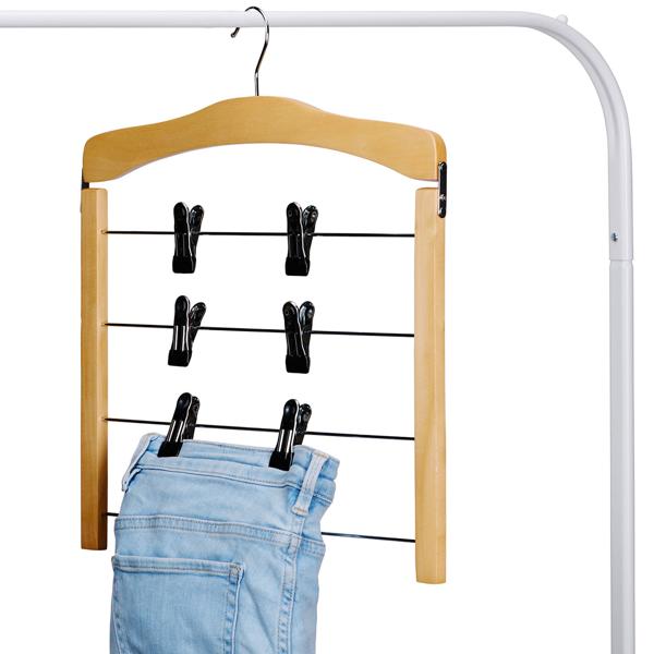 4er-Set Mehrfach-Hosenbügel mit Clips - maximiert Schrankplatz dank 4 Ebenen & 8 Clips - drehbarer Haken- Holz, Kunststoff, Metall- 39x43x1.4cm