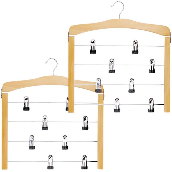 2er-Set Mehrfach-Hosenbügel mit 8 Clips - maximiert Stauraum & Ordnung im Schrank - leicht, robust, drehbarer Haken - 39x43x1.4 cm - Holz, Kunststoff, Metall