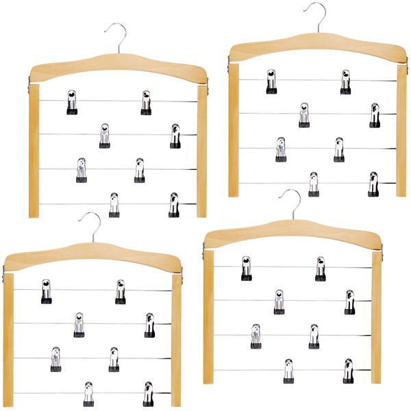 4er-Set Mehrfach-Hosenbügel mit Clips - maximiert Schrankplatz dank 4 Ebenen & 8 Clips - drehbarer Haken- Holz, Kunststoff, Metall- 39x43x1.4cm