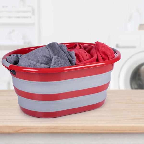 Faltbarer Wäschekorb Rot/Grau - 27L Volumen mit Tragegriffen - Platzsparend zusammenklappbar - Robuster PP/TPR Kunststoff 60x45x30cm für Zuhause, Camping, Wohnmobil