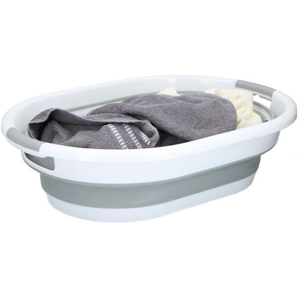 Platzsparender, faltbarer Wäschekorb (27L) in elegantem Weiss-Grau – Mit ergonomischen Tragegriffen, 60x45x30cm–Für müheloses Wäschehandling
