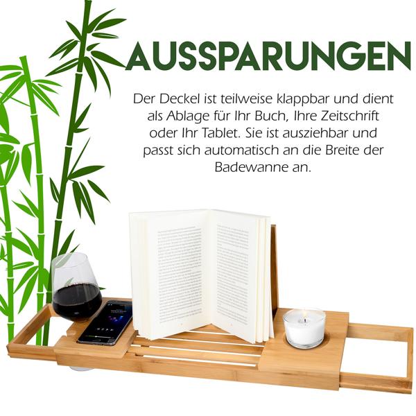 Luxuriöse Bambus Badewannenablage, verstellbar 50-85cm: Vertiefung für Gläser, ideal für Bücher, Tablets & Smartphones