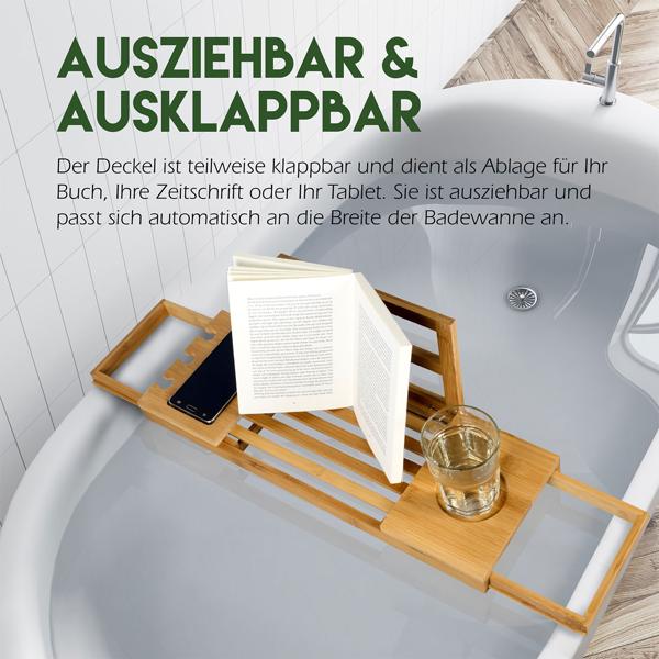 Luxuriöse Bambus Badewannenablage, verstellbar 50-85cm: Vertiefung für Gläser, ideal für Bücher, Tablets & Smartphones