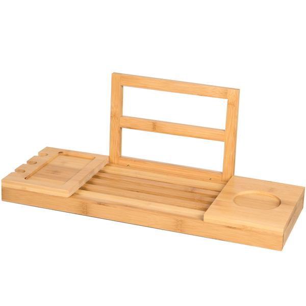 Luxuriöse Bambus Badewannenablage, verstellbar 50-85cm: Vertiefung für Gläser, ideal für Bücher, Tablets & Smartphones