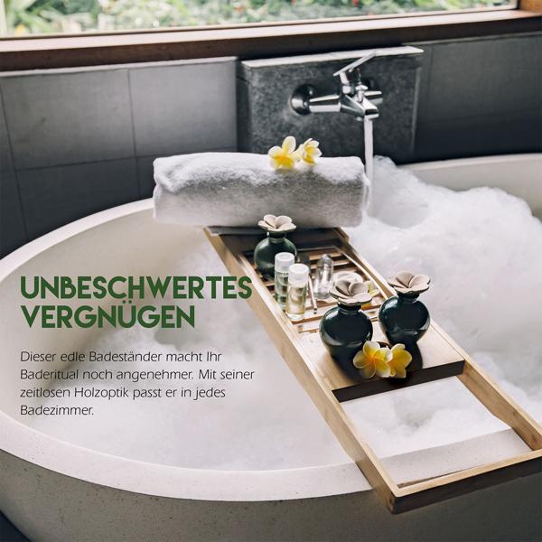 Luxuriöse Bambus Badewannenablage, verstellbar 50-85cm: Vertiefung für Gläser, ideal für Bücher, Tablets & Smartphones