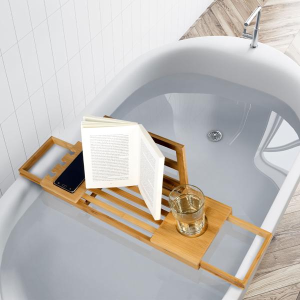 Luxuriöse Bambus Badewannenablage, verstellbar 50-85cm: Vertiefung für Gläser, ideal für Bücher, Tablets & Smartphones