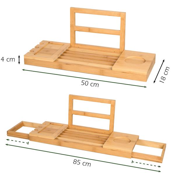 Luxuriöse Bambus Badewannenablage, verstellbar 50-85cm: Vertiefung für Gläser, ideal für Bücher, Tablets & Smartphones