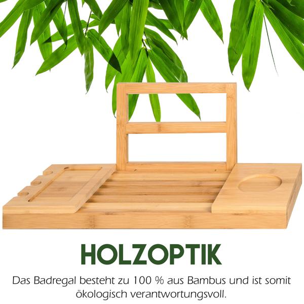 Luxuriöse Bambus Badewannenablage, verstellbar 50-85cm: Vertiefung für Gläser, ideal für Bücher, Tablets & Smartphones