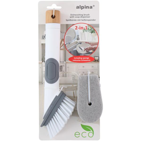 Spülbürste mit Spülmittel-Behälter - Integriertes Reservoir, präzise Dosierung, inkl. Spülschwamm - Kunststoff, Weiss/Grau/Natur