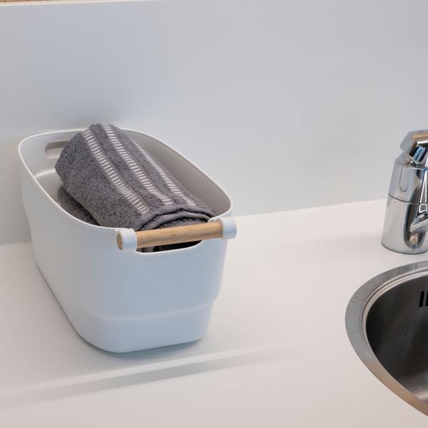 Stilvolles Aufbewahrungsboxen-Set (2 Grössen): Kunststoff mit Bambus-Griff, weiss (33x15cm, 27x12cm) – elegante Ordnungshelfer für Küche, Bad & Büro