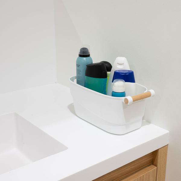 Stilvolles Aufbewahrungsboxen-Set (2 Grössen): Kunststoff mit Bambus-Griff, weiss (33x15cm, 27x12cm) – elegante Ordnungshelfer für Küche, Bad & Büro