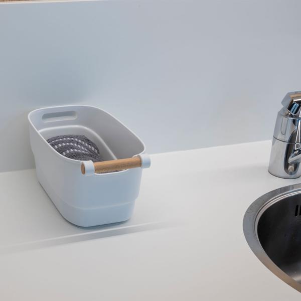 Stilvolles Aufbewahrungsboxen-Set (2 Grössen): Kunststoff mit Bambus-Griff, weiss (33x15cm, 27x12cm) – elegante Ordnungshelfer für Küche, Bad & Büro