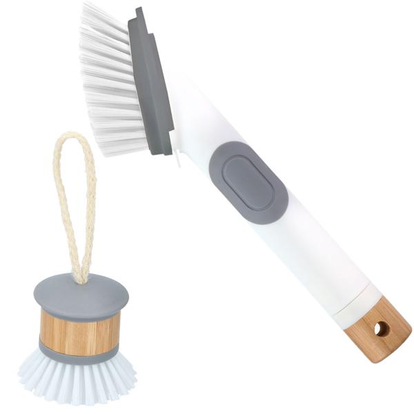 Spülbürsten Set 2-tlg. - Integriertes Spülmittel-Reservoir & Spülschwamm - Effektive Reinigung von Geschirr, Pfannen - Polyethylen Borsten - Weiss/Grau/Natur