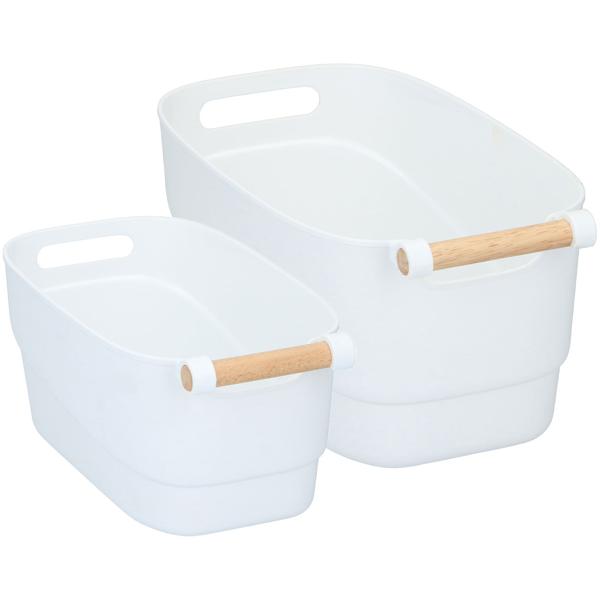 Stilvolles Aufbewahrungsboxen-Set (2 Grössen): Kunststoff mit Bambus-Griff, weiss (33x15cm, 27x12cm) – elegante Ordnungshelfer für Küche, Bad & Büro