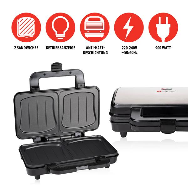 XL Sandwichmaker (starke 900W): schwarz-silber, für 2 grosse Sandwiches, Antihaftbeschichtung - Schnelle & gleichmässige Zubereitung