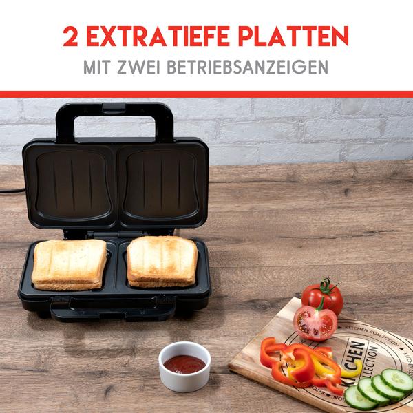 XL Sandwichmaker (starke 900W): schwarz-silber, für 2 grosse Sandwiches, Antihaftbeschichtung - Schnelle & gleichmässige Zubereitung